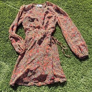 Urban Outfitters Floral Paisley Wrap Mini Dress Long Balloon Sleeve Red XS TP